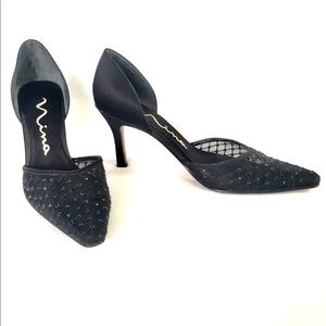 Nina Elegant Black Beaded Mesh Satin Heels